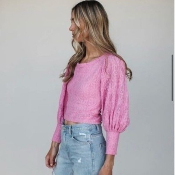 Free People Tea Time Top Plumeria Open Back Floral Lace Balloon Sleeves Size L - Picture 3 of 15